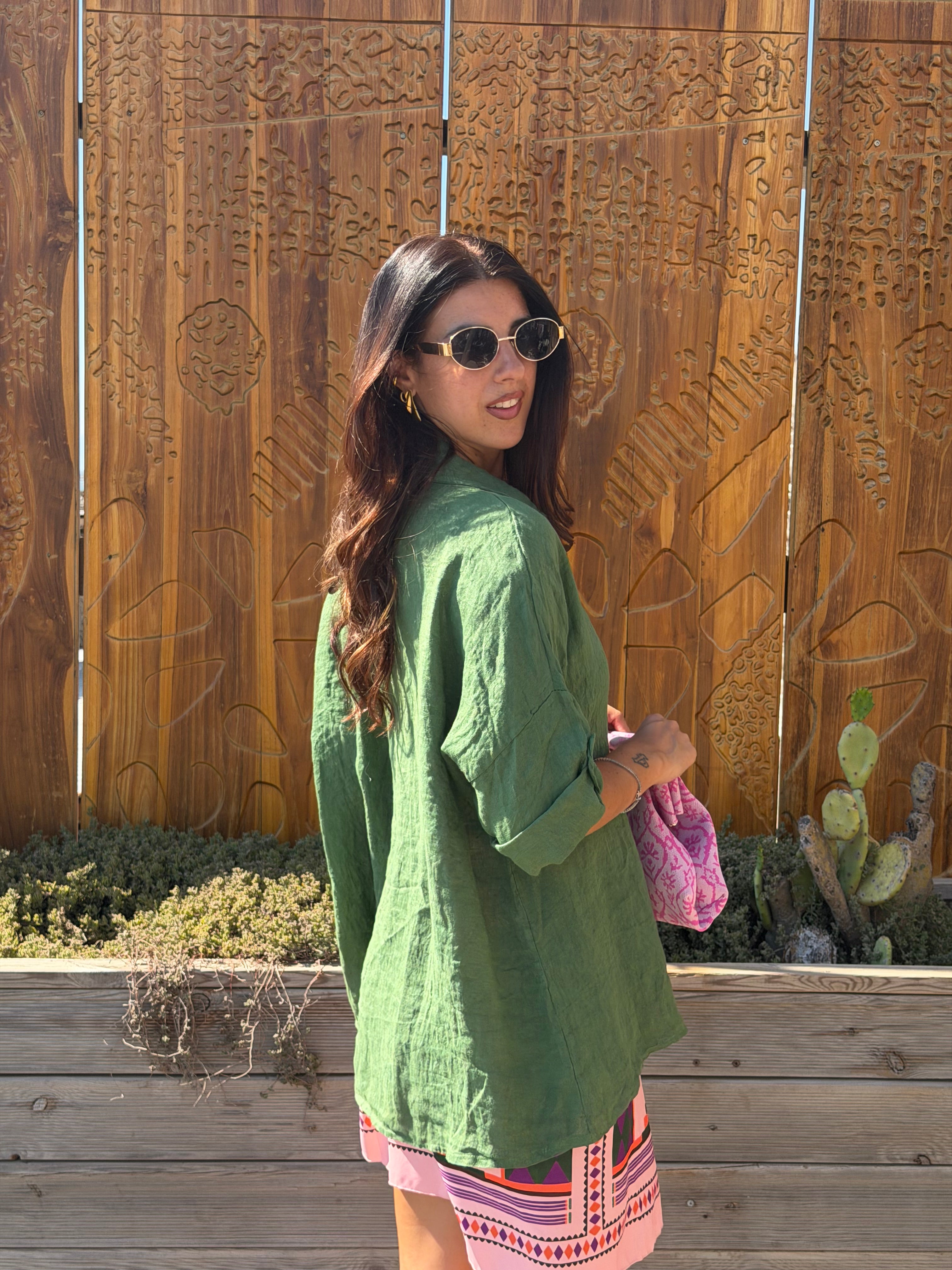 Maxi Camicia Puro Lino Verde