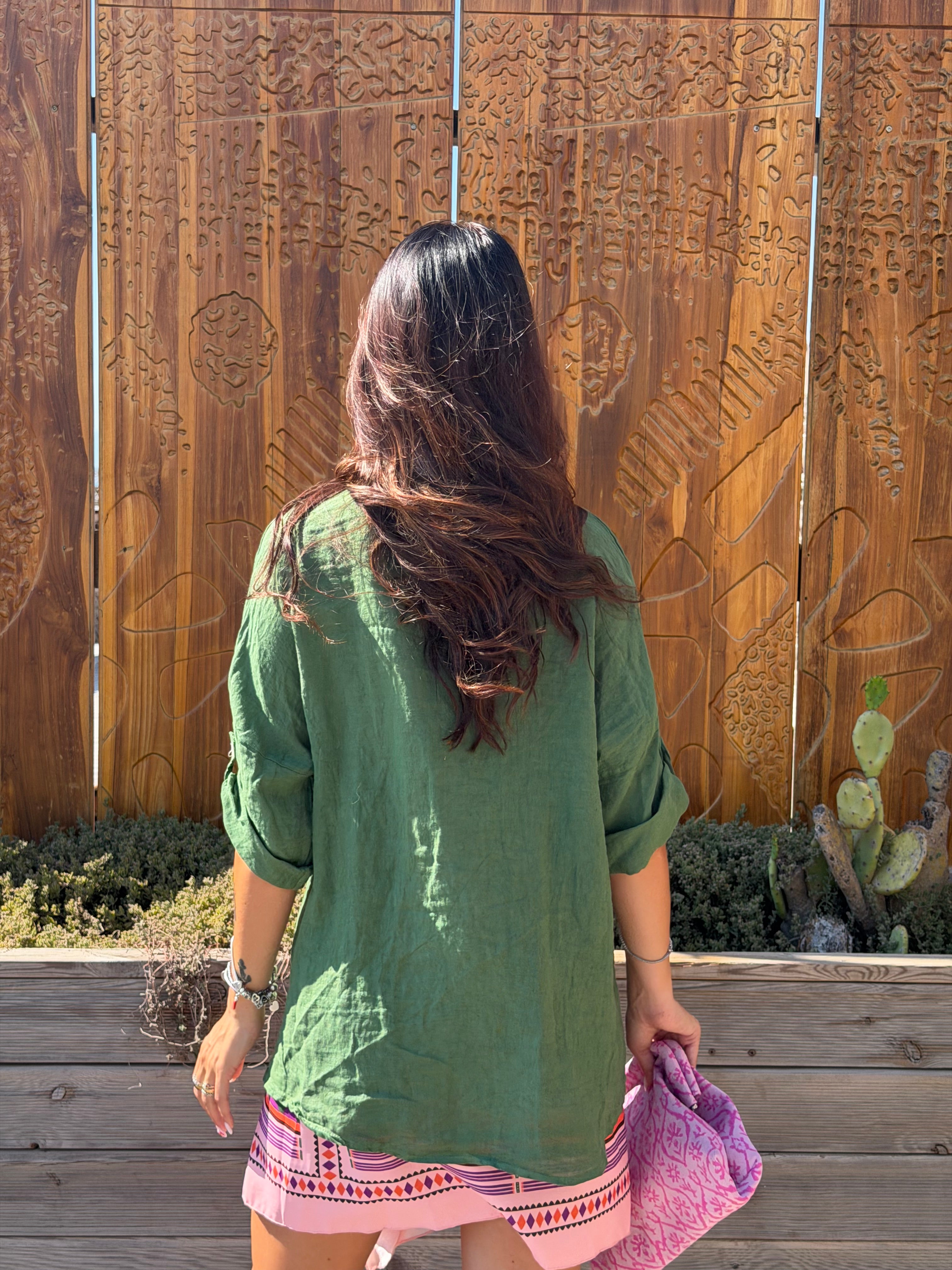 Maxi Camicia Puro Lino Verde