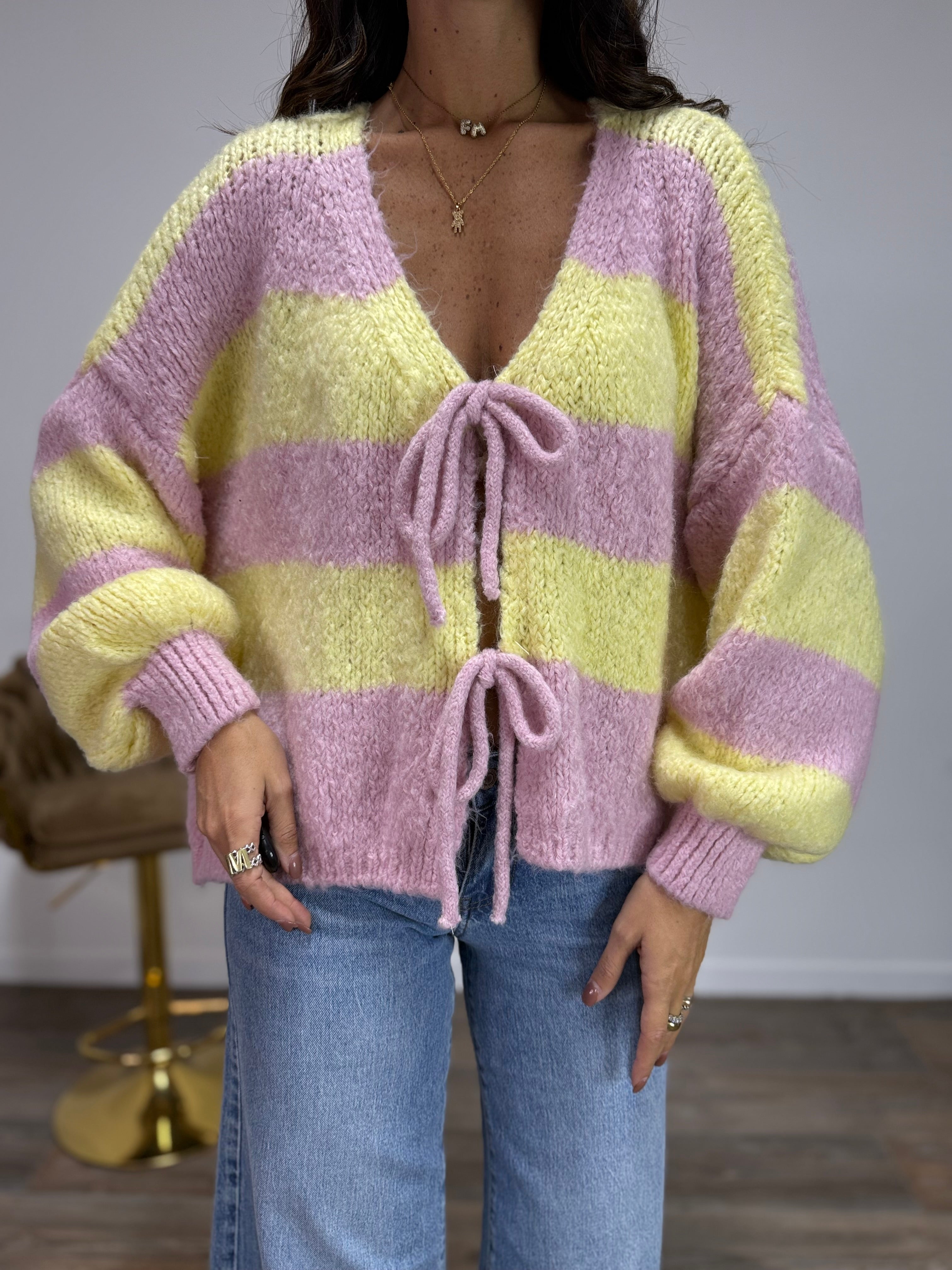 Cardigan Fiocco Giallo/Rosa