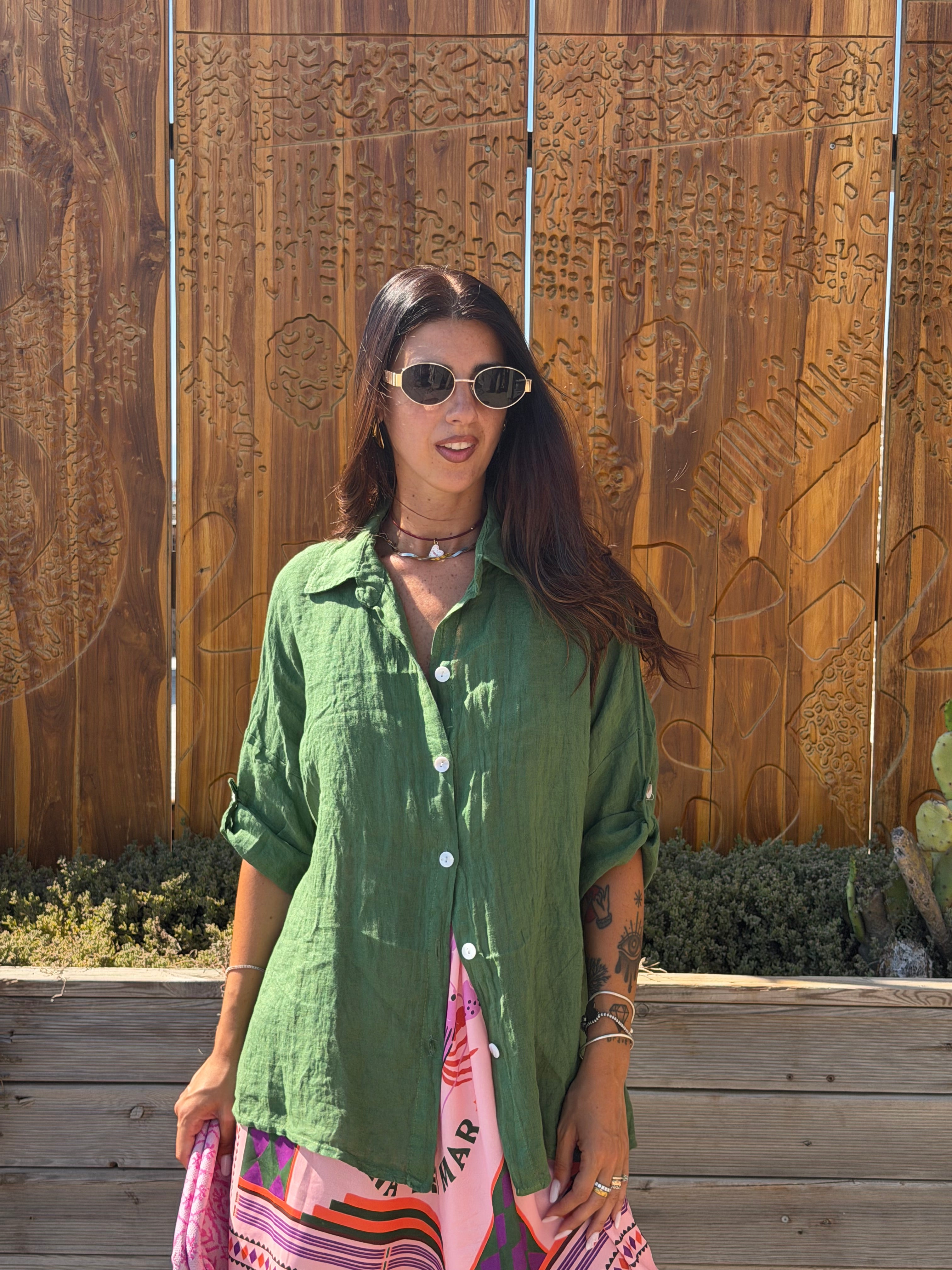 Maxi Camicia Puro Lino Verde