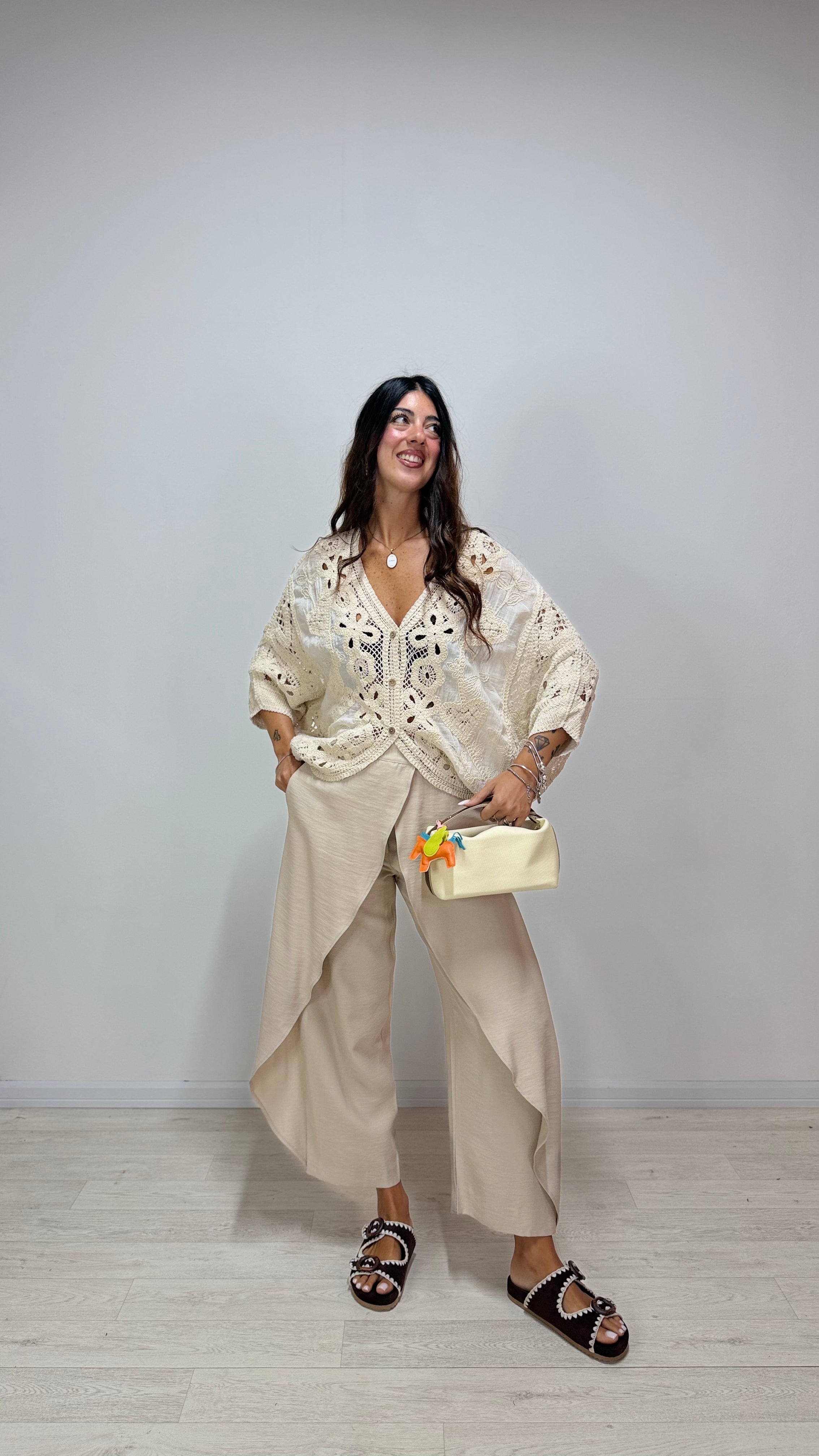 Cardigan Ricamo Macramè Beige