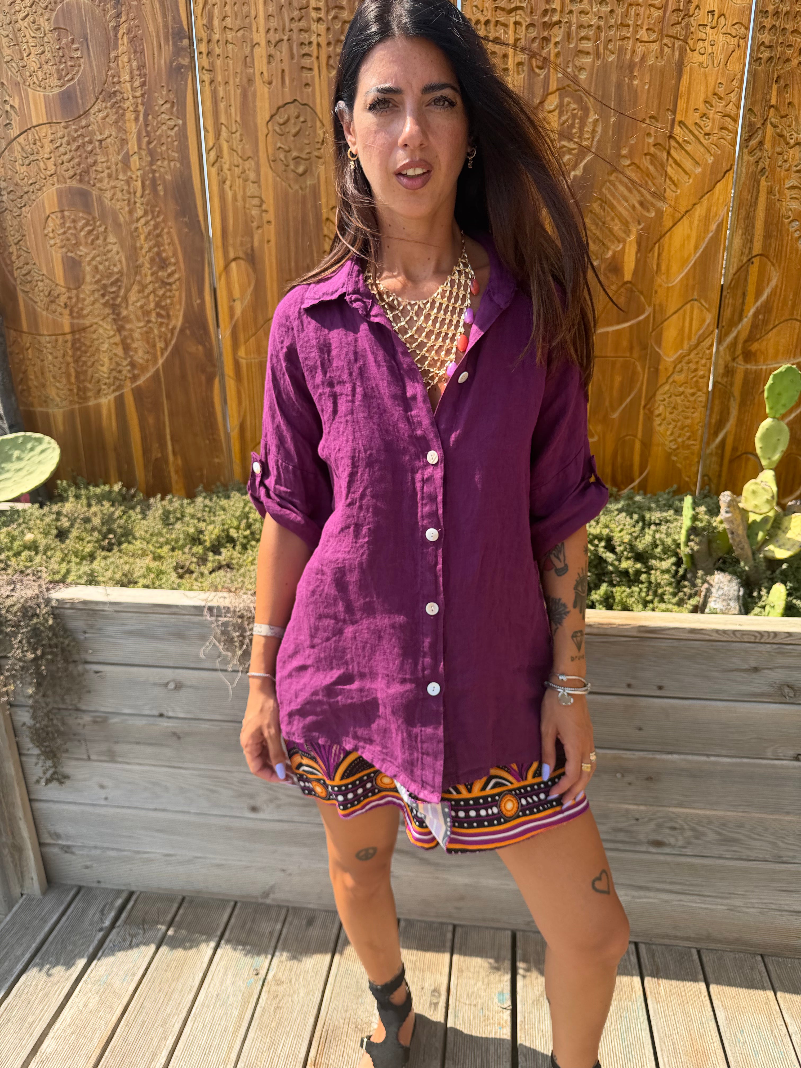 Maxi Camicia Puro Lino Magenta
