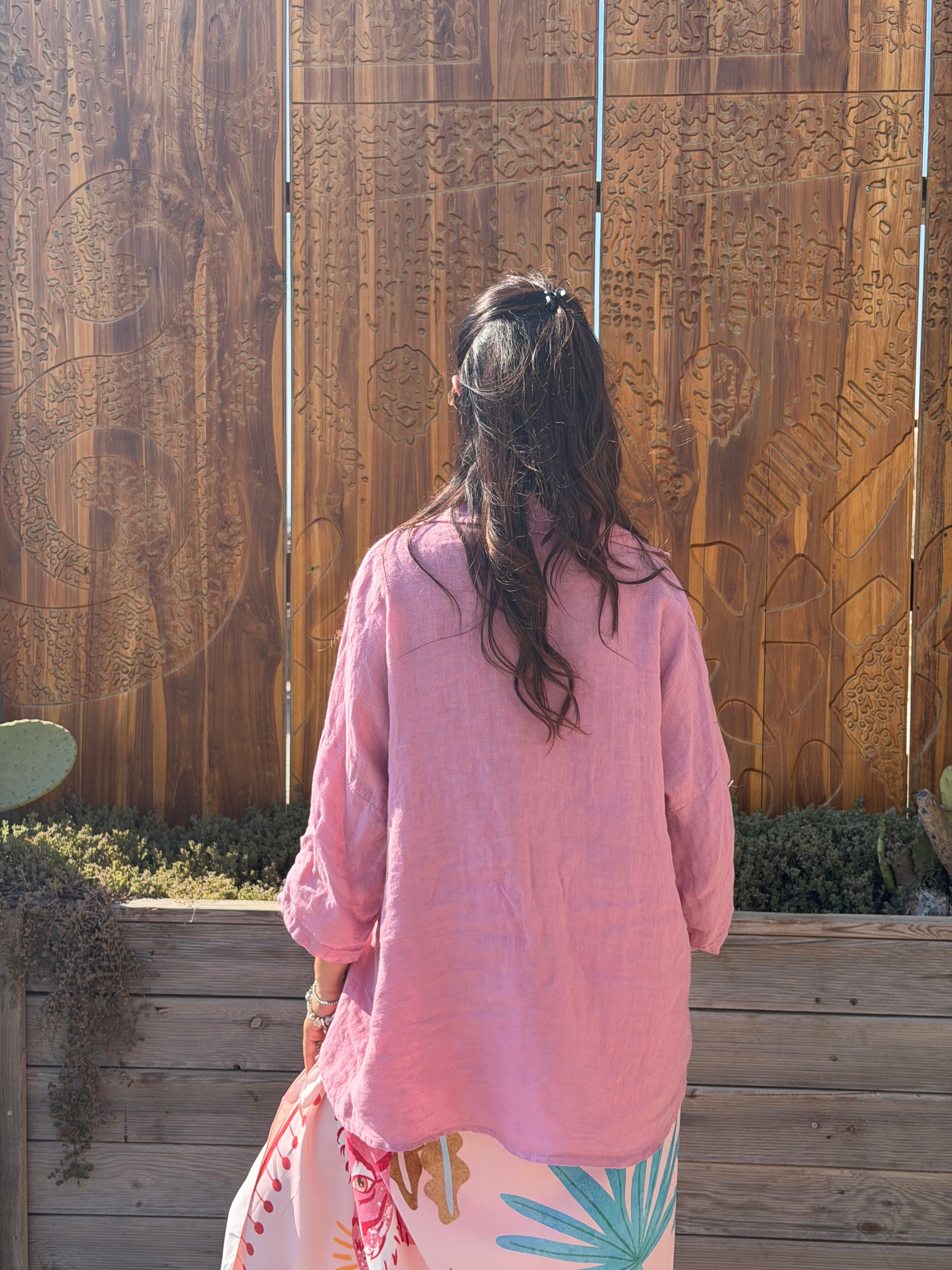 Maxi Camicia Puro Lino Rosa