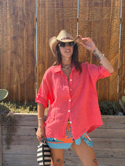 Maxi Camicia Puro Lino Corallo