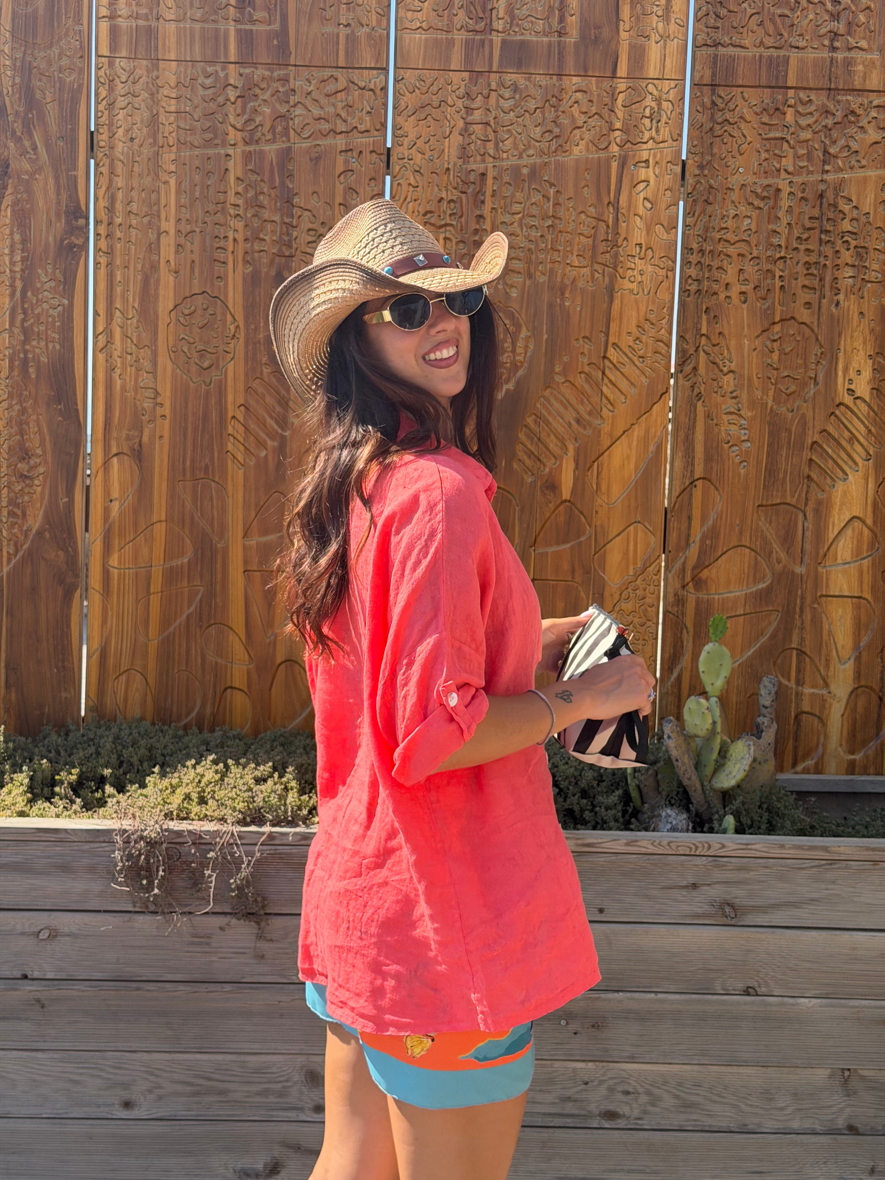 Maxi Camicia Puro Lino Corallo