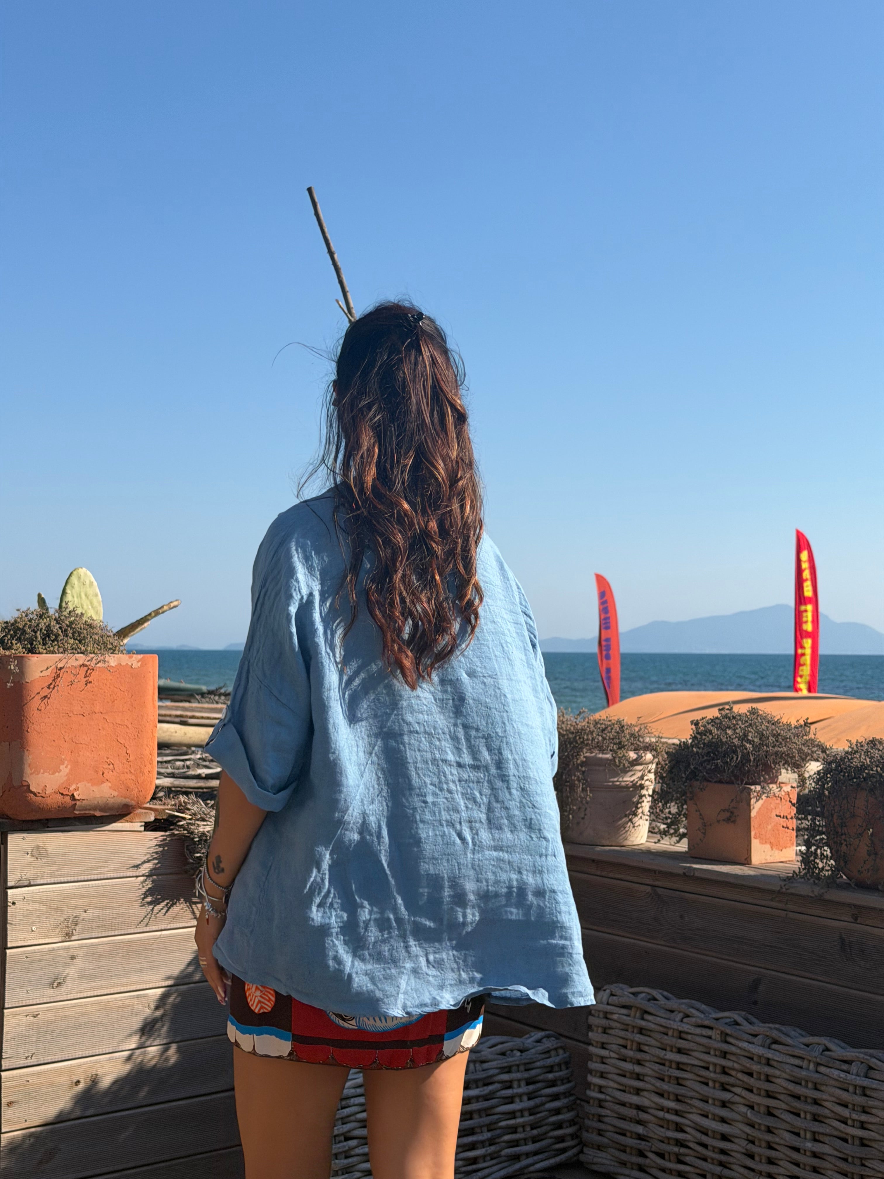Maxi Camicia Puro Lino Blue Denim