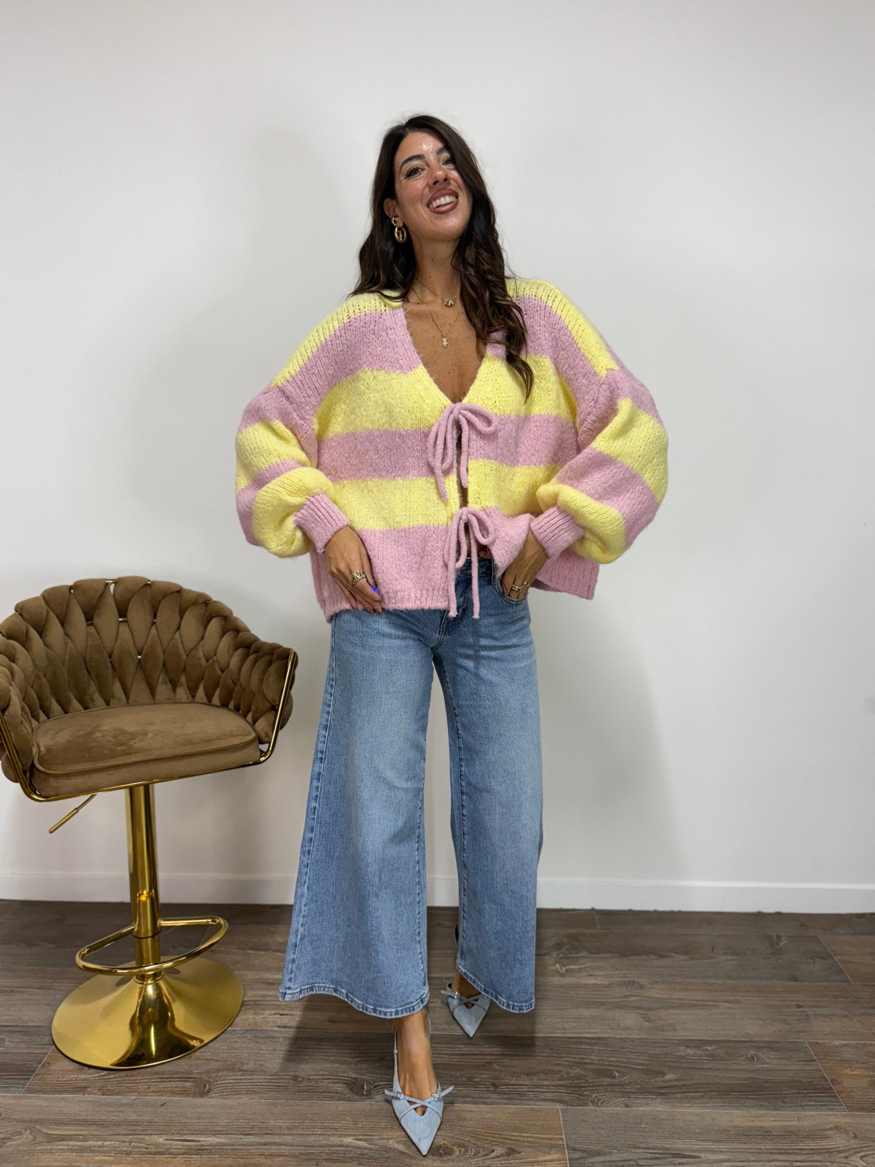 Cardigan Fiocco Giallo/Rosa