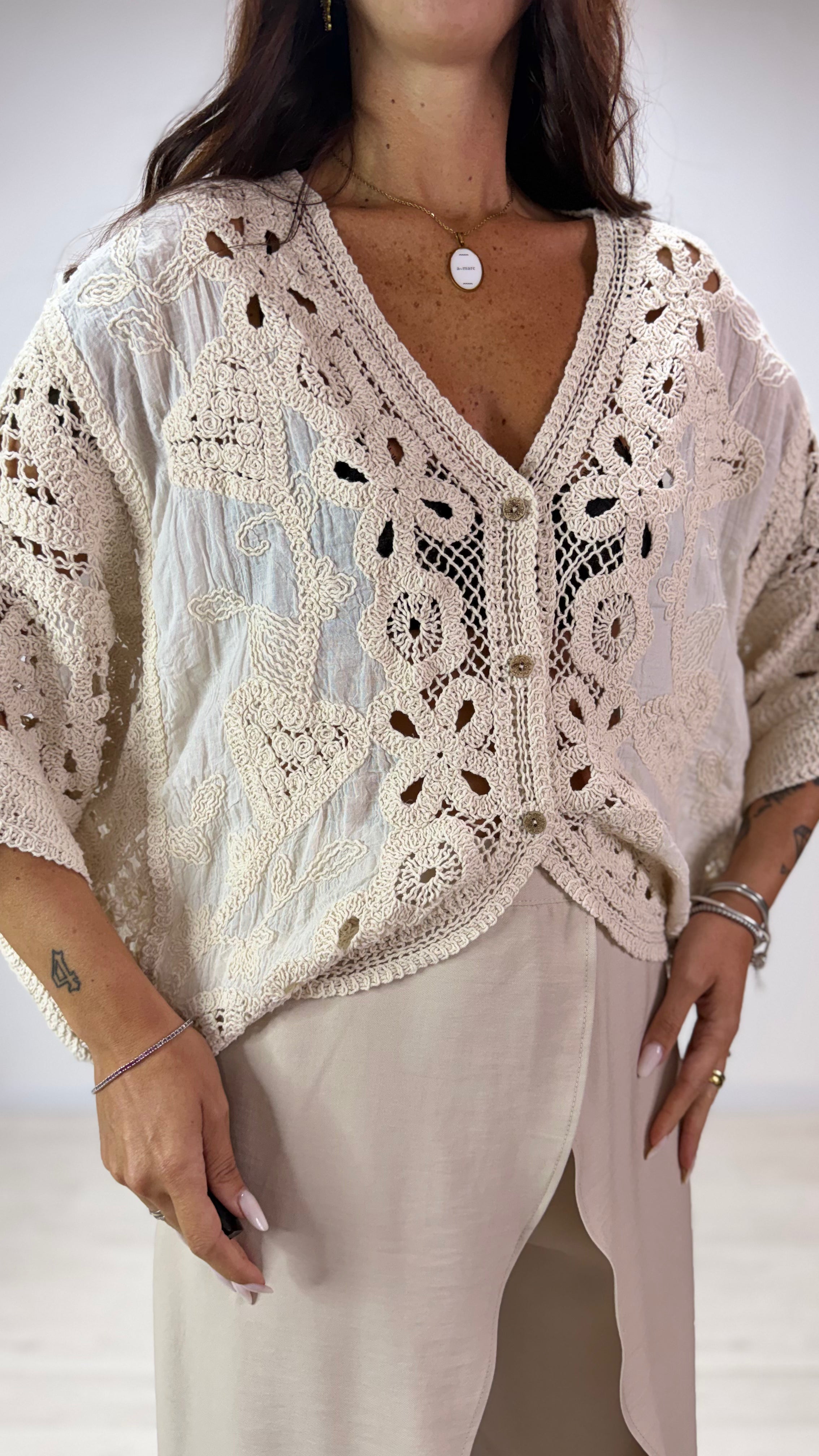 Cardigan Ricamo Macramè Beige