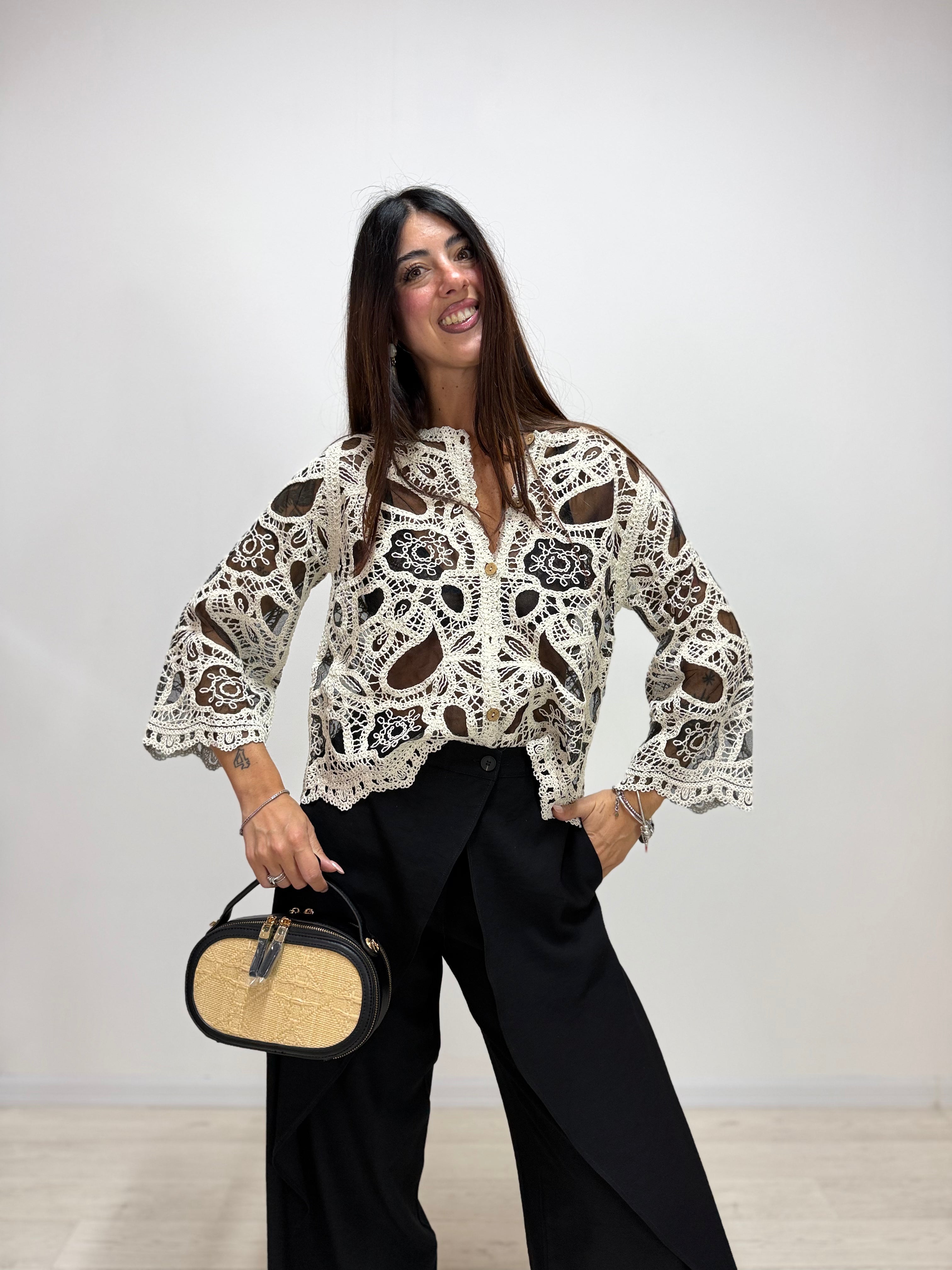 Cardigan Velato Macramè Nero